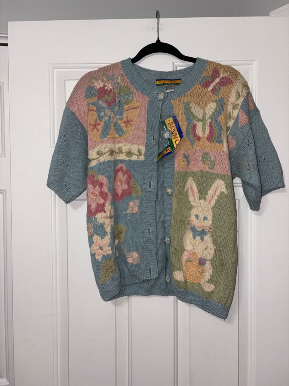 Vintage Pastel Bunny Patchwork Cardigan Sweater - Blue/Pink